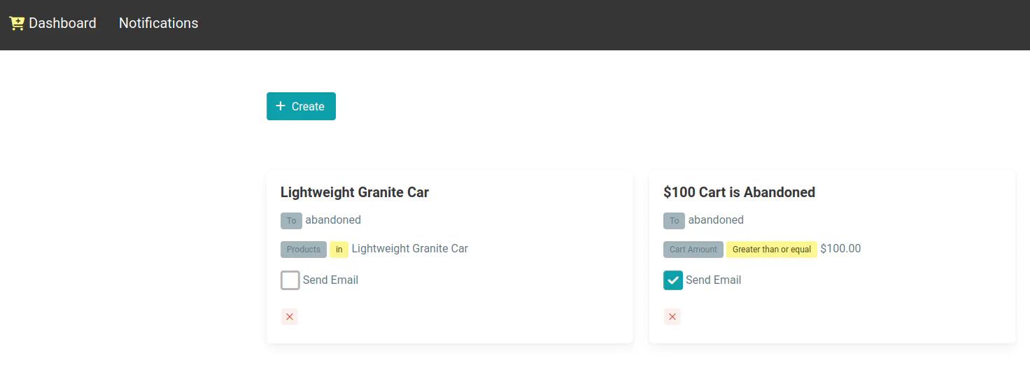 Navigate to create a cart notification